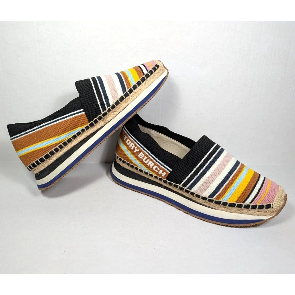 Tory Burch Womens Size 9.5 Multicolor Stretch Fabric Daisy Logo Espadrilles